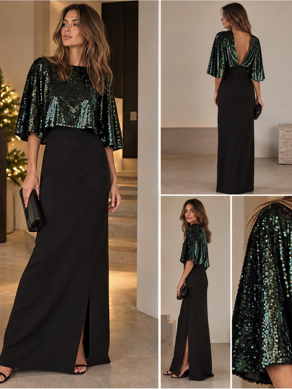 AQ/AQ AQUA Green Sequin Combination Open Back Dress (Cape Style) UK6